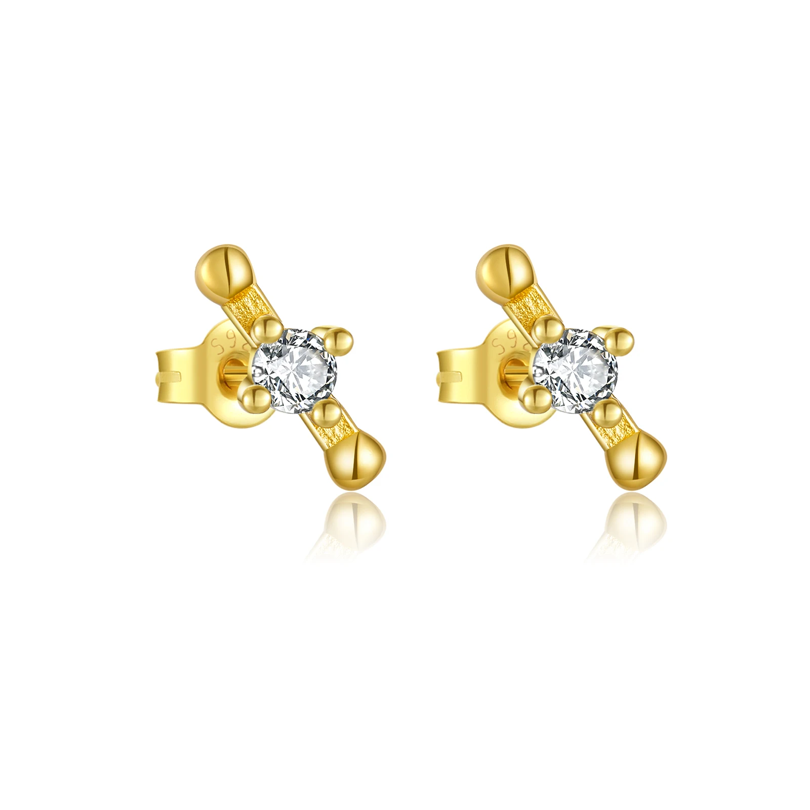 925 Sterling Silver Gold CZ Sparkle Bead Stud Earrings