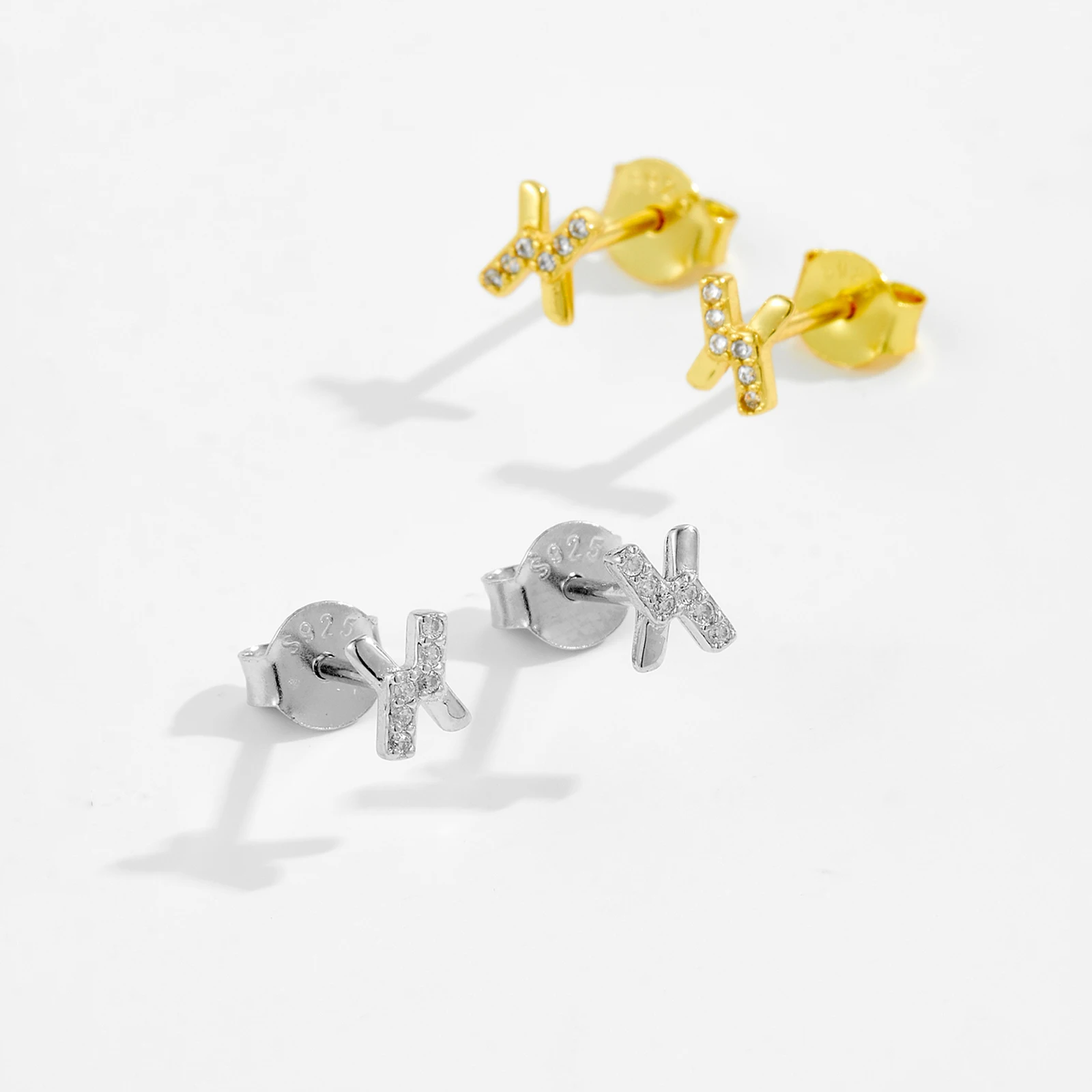 925 Sterling Silver Two V Shape Asymmetric Cubic Zirconia Stud Earrings - Image 4